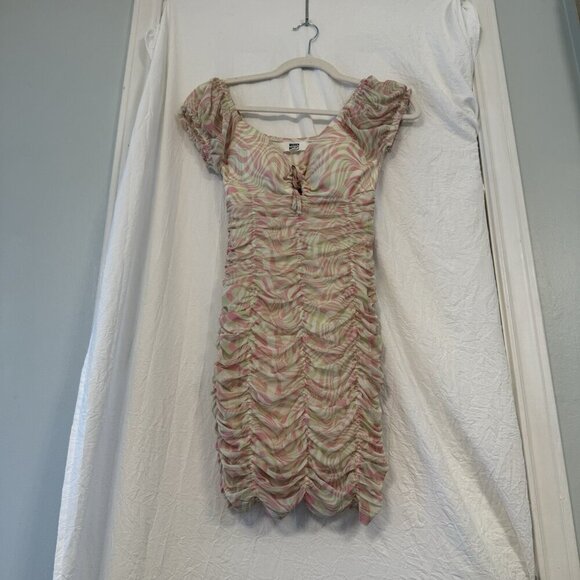 Madden NYC Bodycon Dress XS Ruched Pink Green Swirl Y2K Milkmaid Sheer Mesh Sexy - Picture 9 of 14